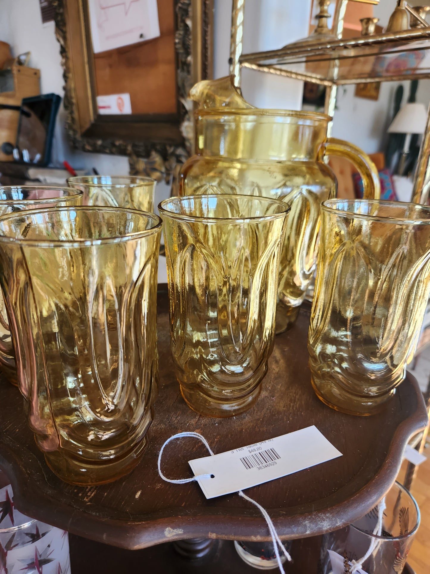 Amber Glass Pitcher and Drinking Glasses
