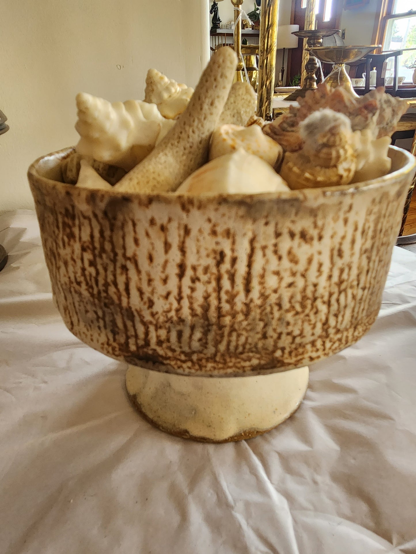 Pottery Pedestal Dish with Seashells