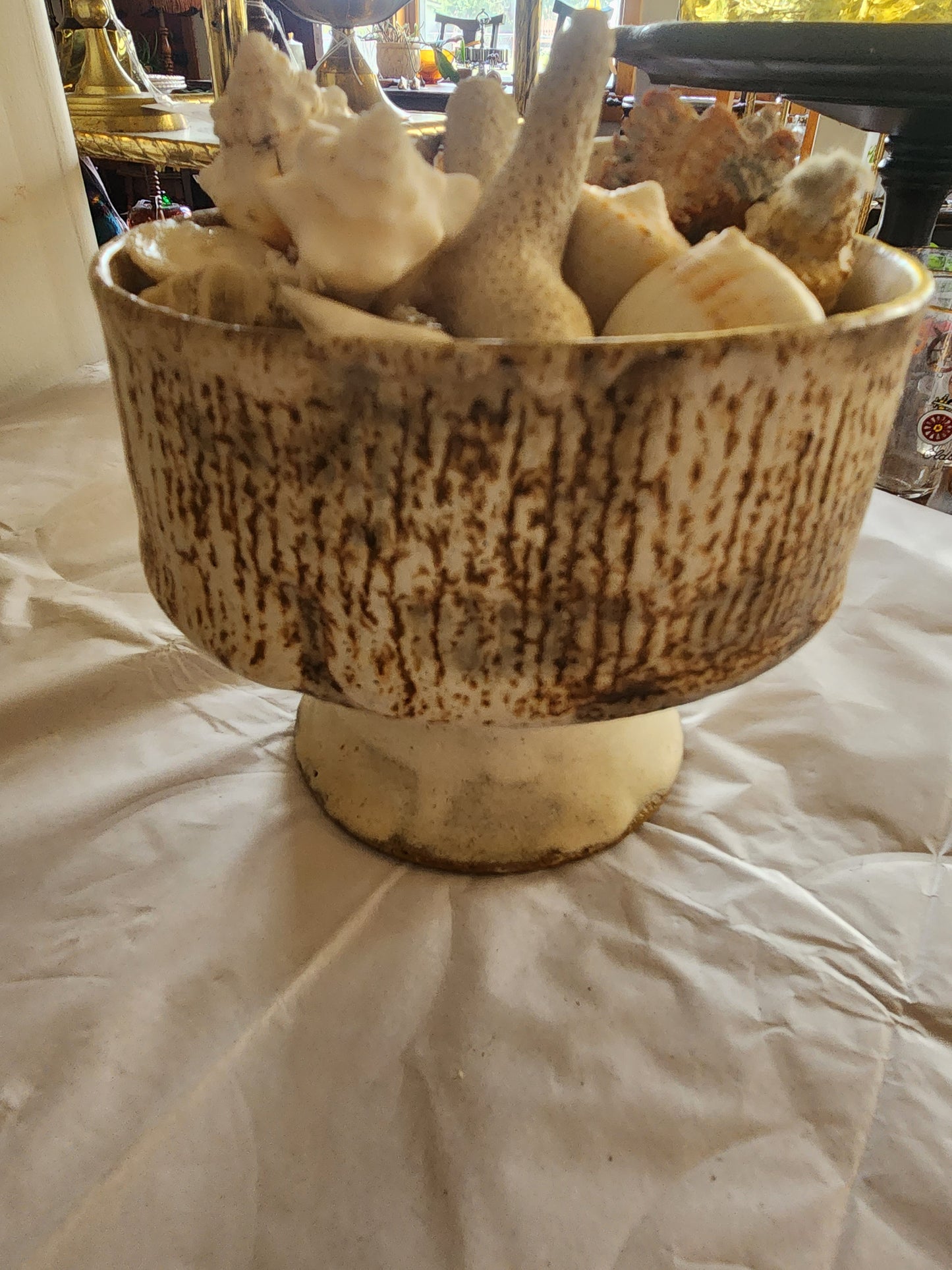 Pottery Pedestal Dish with Seashells