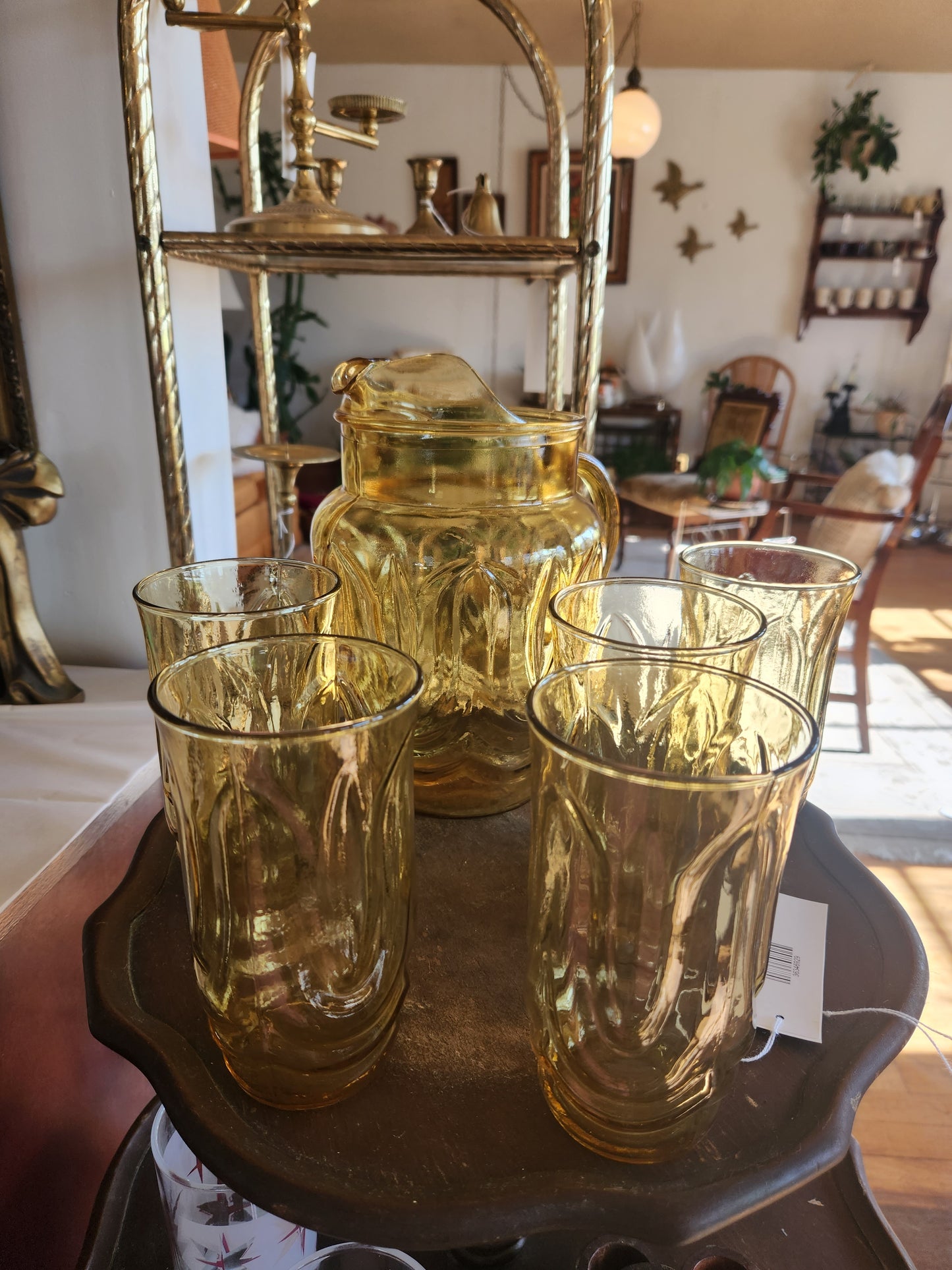 Amber Glass Pitcher and Drinking Glasses