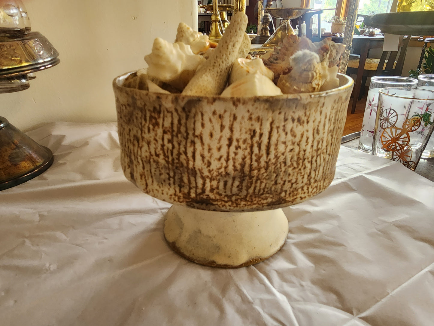 Pottery Pedestal Dish with Seashells