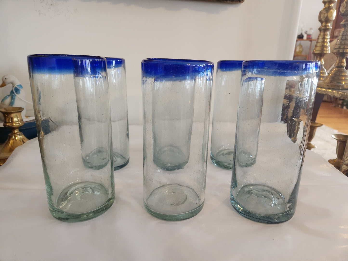 Handblown Blue Rimmed Drinking Glasses (6)