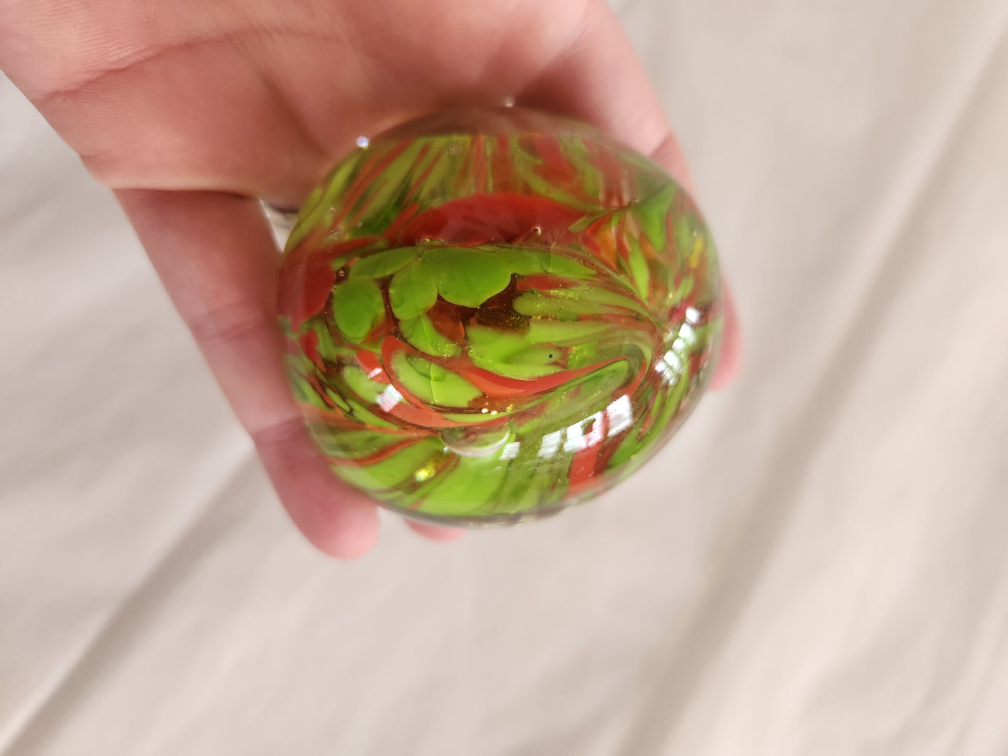 Red and Green Art Glass Egg Shape Paperweight