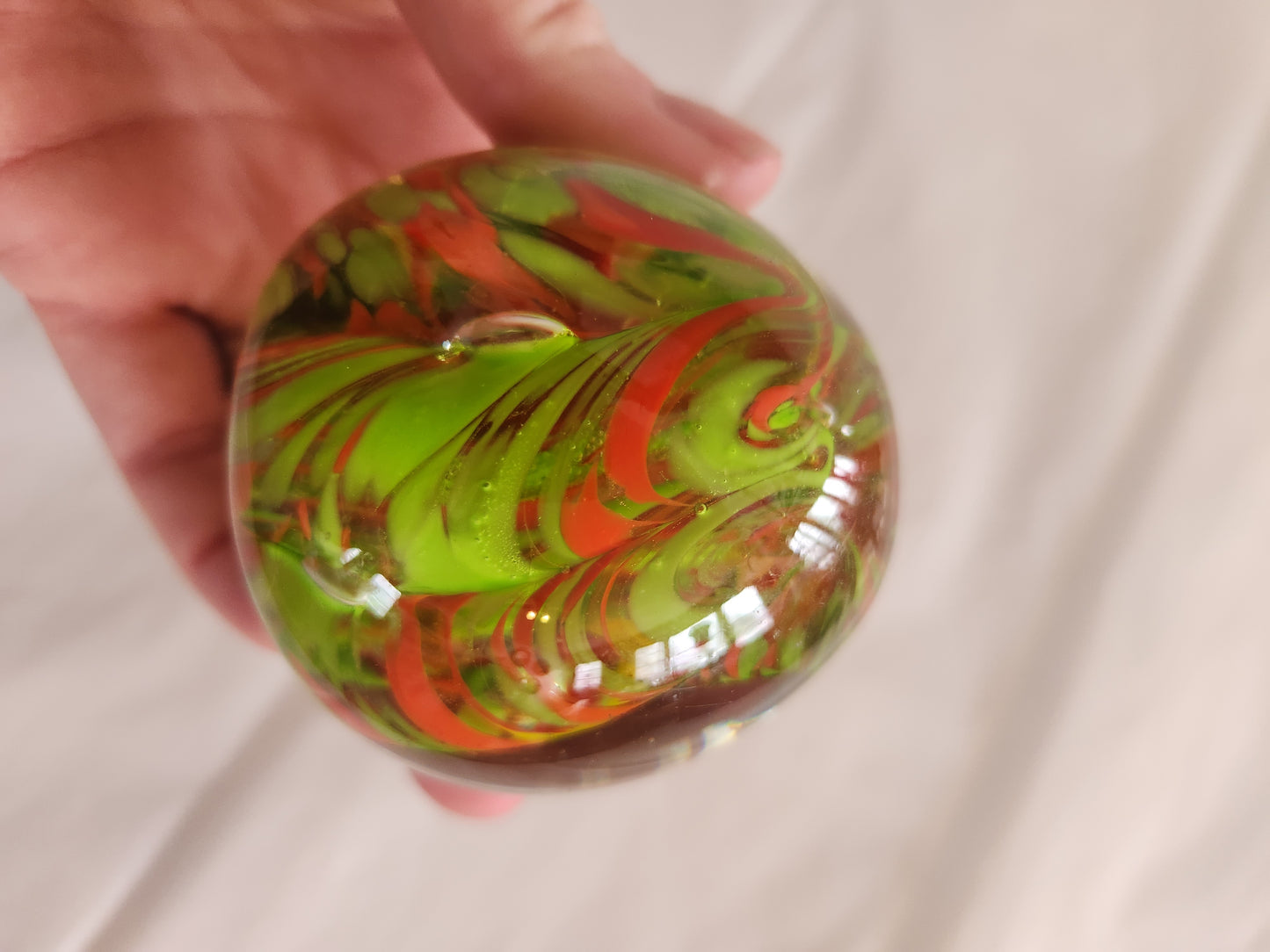 Red and Green Art Glass Egg Shape Paperweight