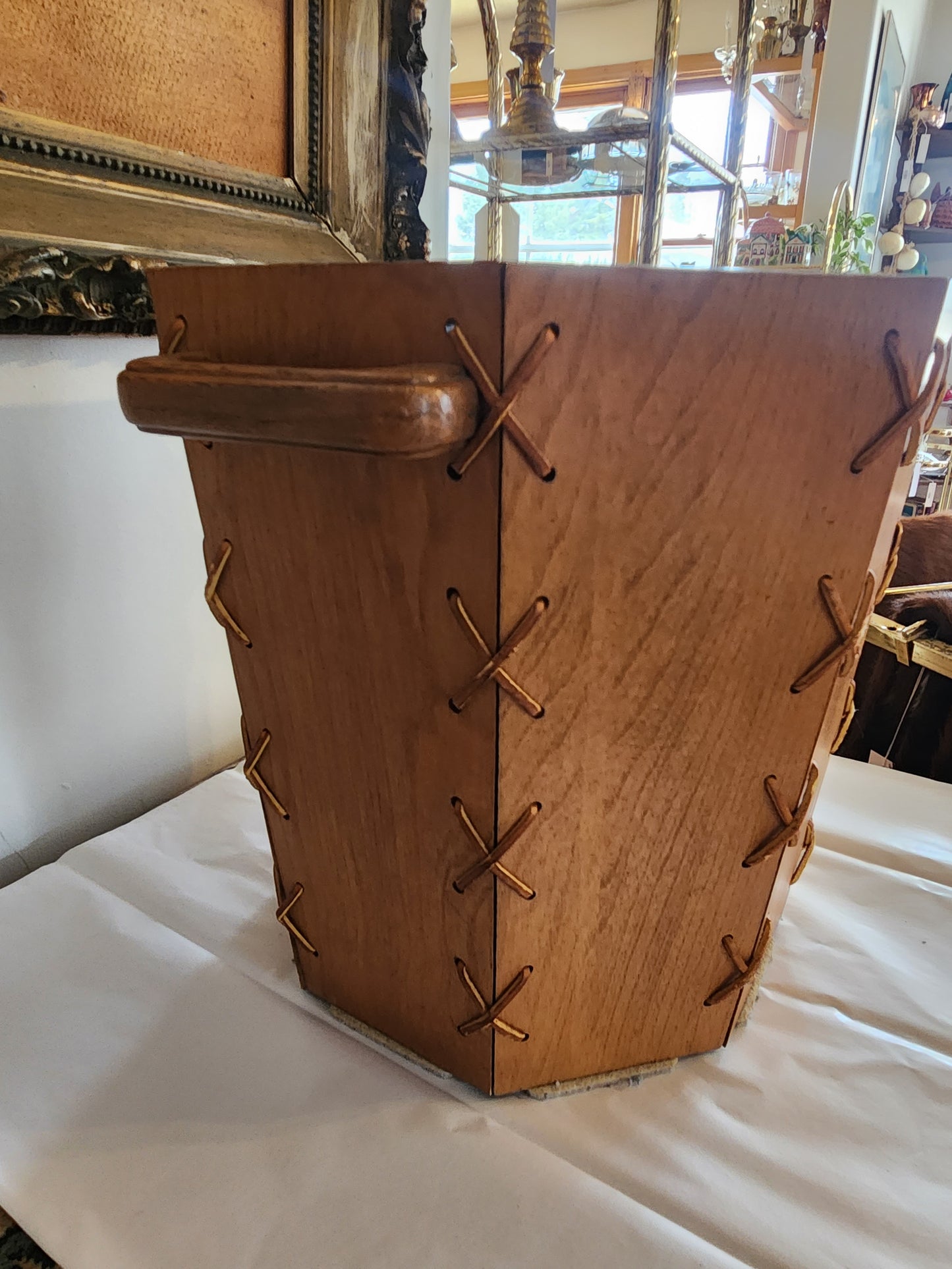 Wood and Leather Trash Can/Plant Basket