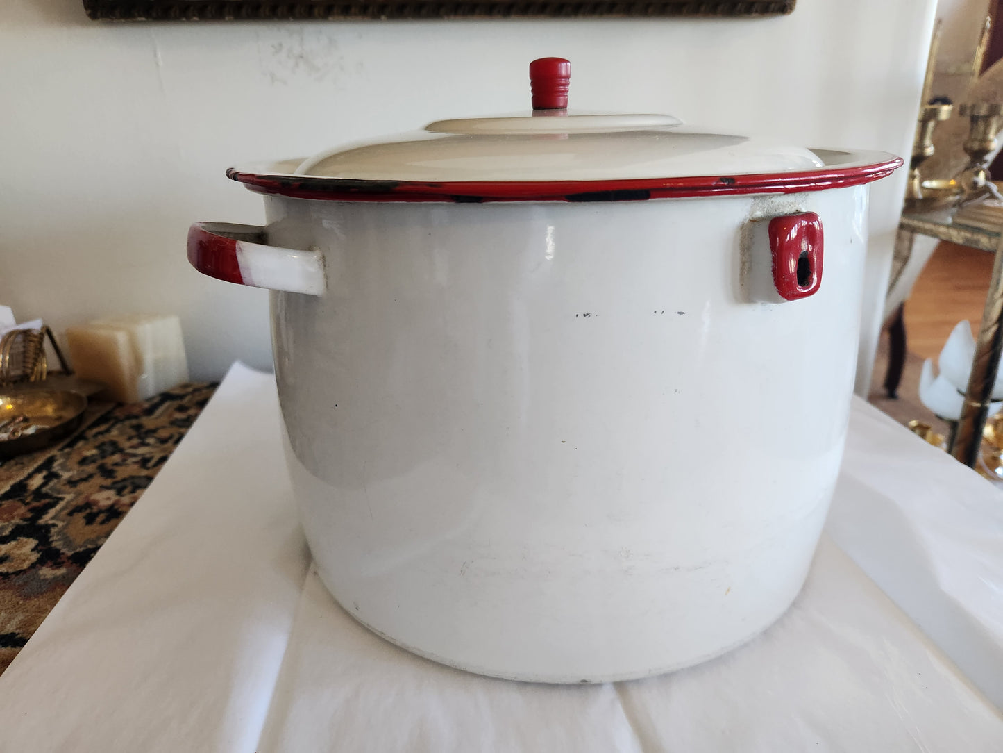 Large Red Rimmed Enamel Pot