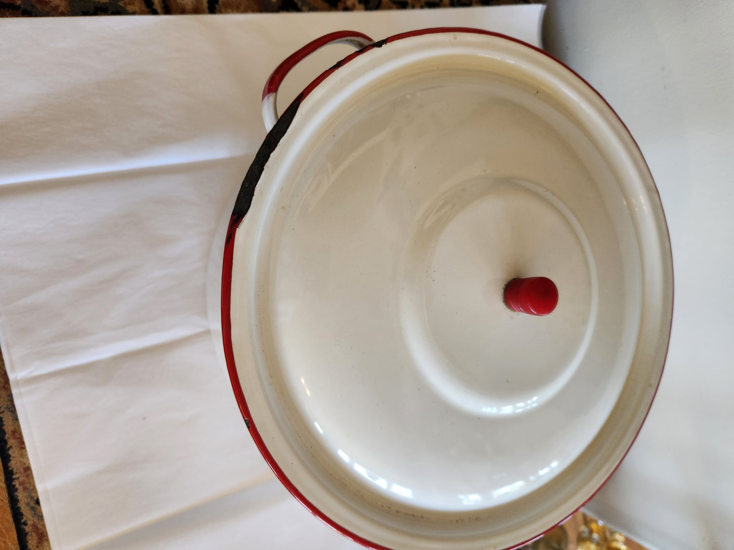 Large Red Rimmed Enamel Pot