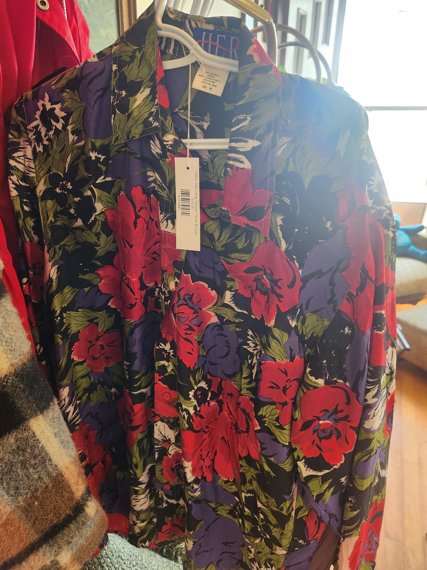 100% Silk Long Sleeve Floral Blouse