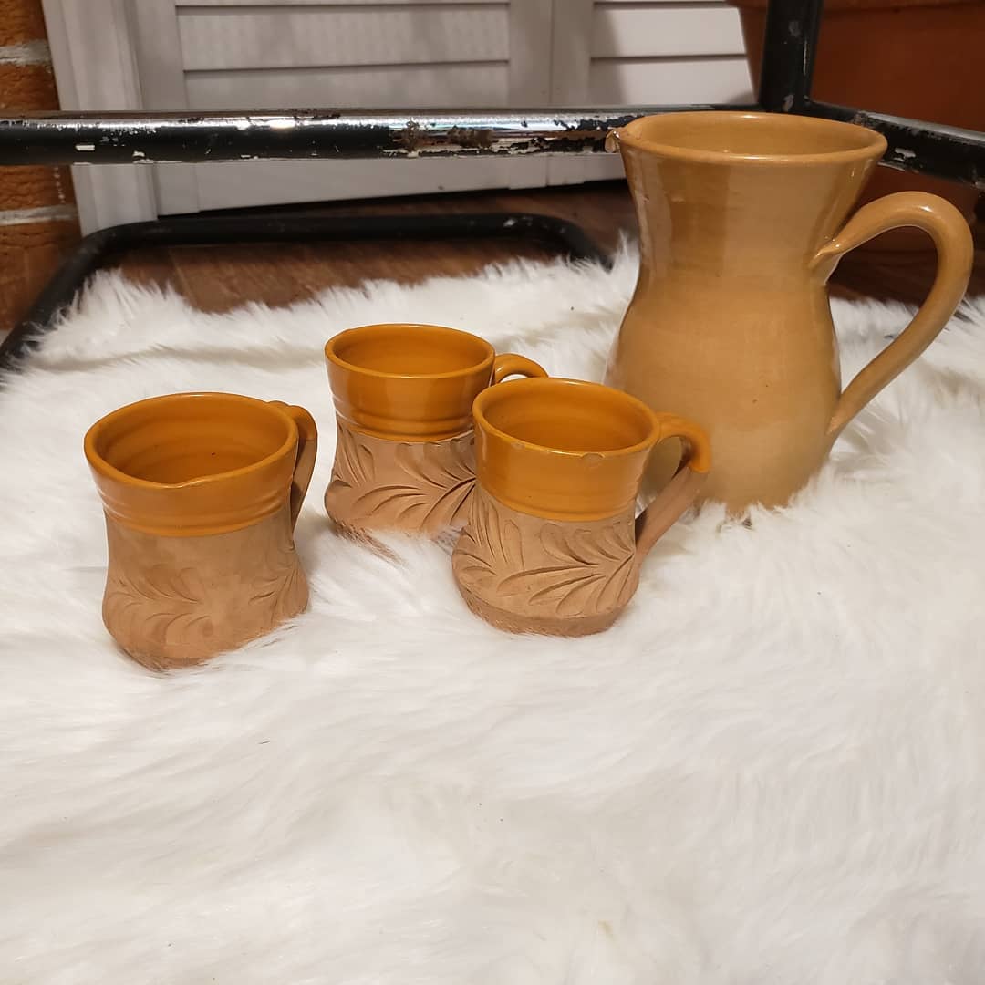Pottery Jug and 3 Mugs