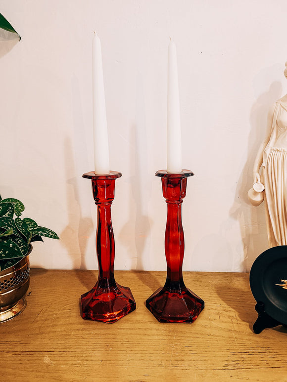 Red Glass Candle Holders (Pair)