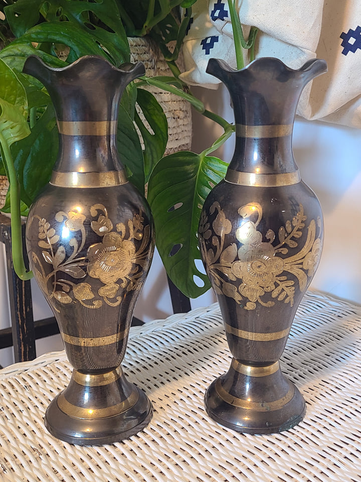 Matching set of tall silver/brass fluted vases