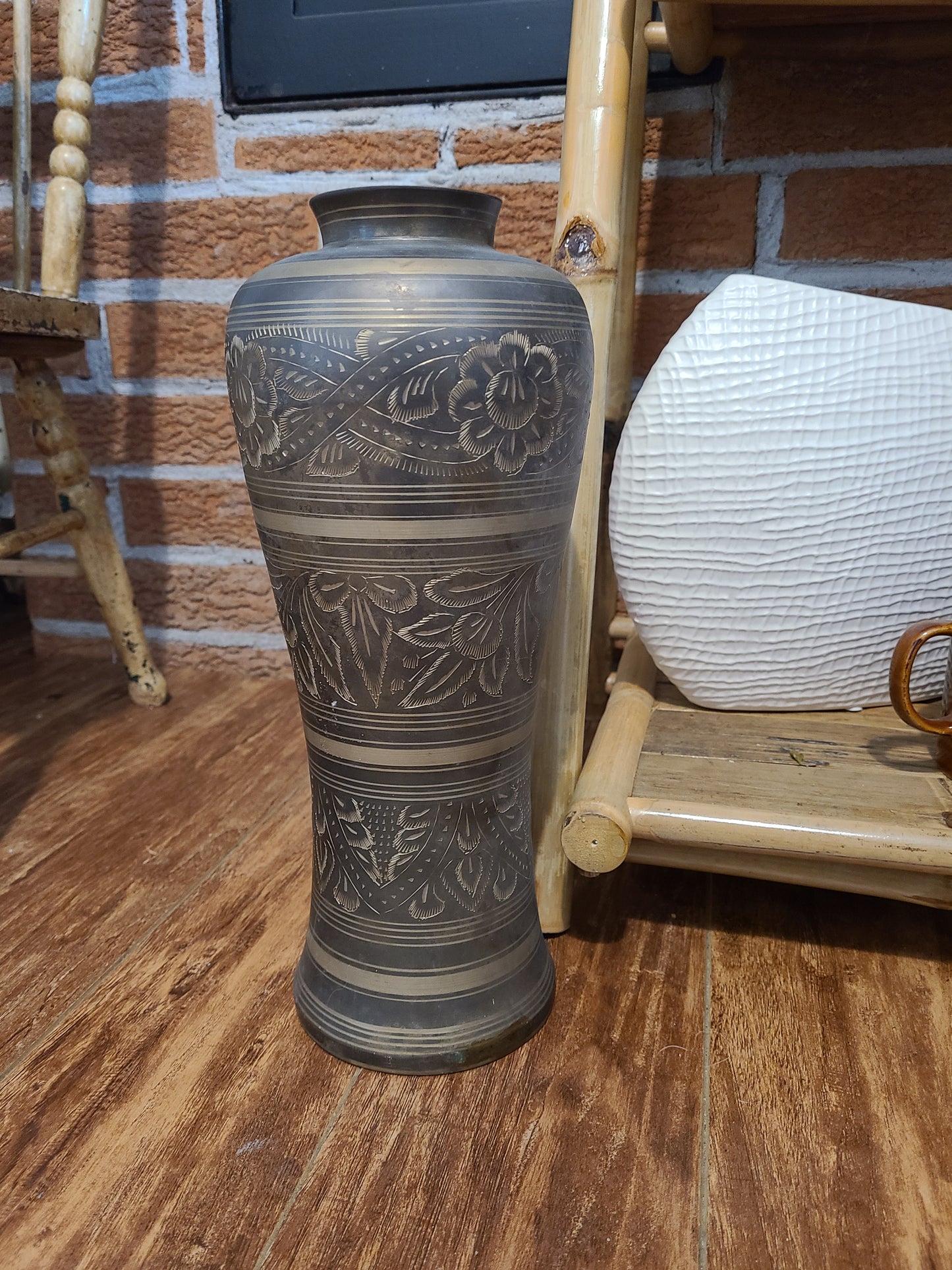Tall Brass Etched Vase