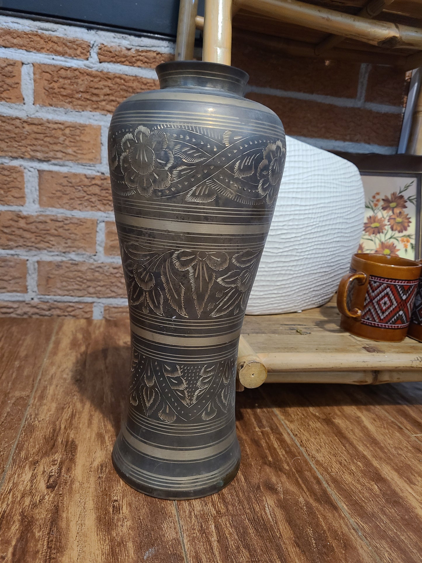 Tall Brass Etched Vase