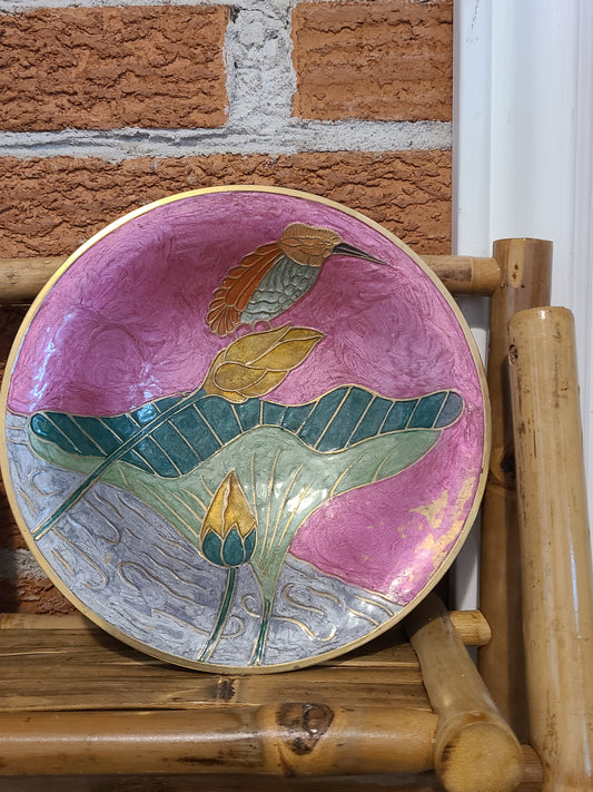 Brass Enameled Hummingbird Pedestal Bowl