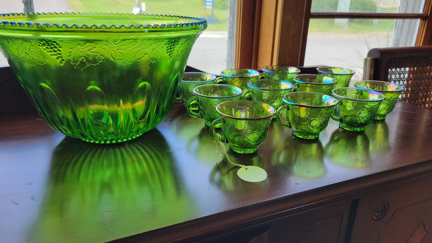 Green Carnival Glass Punch Bowl Set
