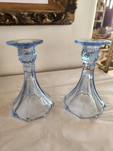 Set of 2 Blue Cut Glass Candlesticks