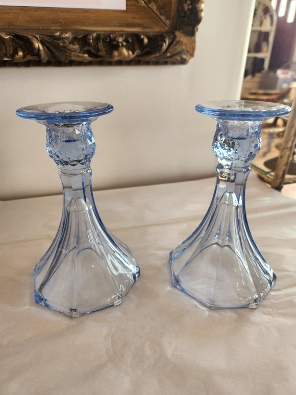 Set of 2 Blue Cut Glass Candlesticks