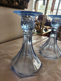 Set of 2 Blue Cut Glass Candlesticks