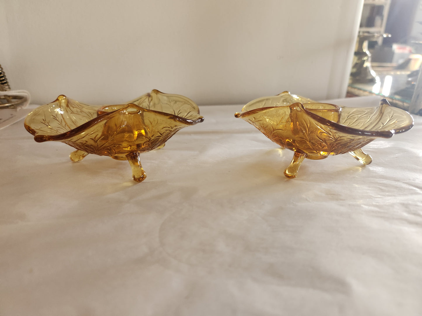 Dainty Amber Glass Footed Candle Holders