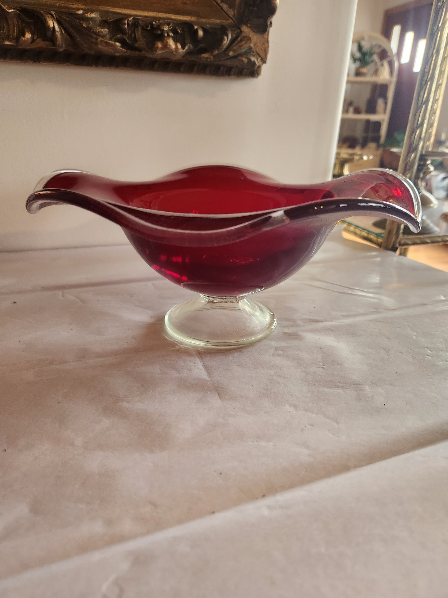 Red Glass Decorative Pedestal Bowl