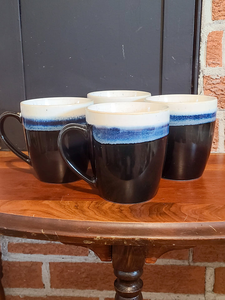 Stoneware Black/Blue Pottery Mugs (Set of 4)