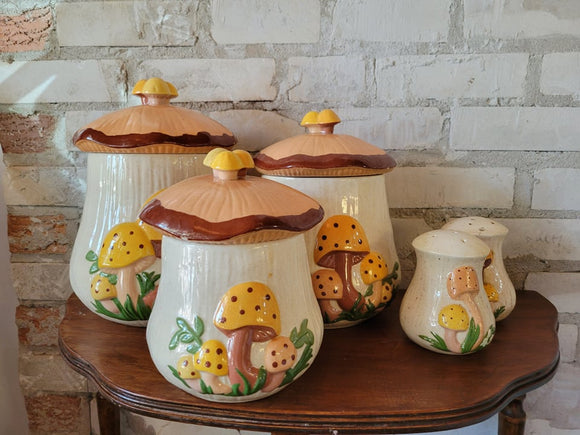 70s Mushroom 3 Piece Canaster Set Plus Salt and Pepper
