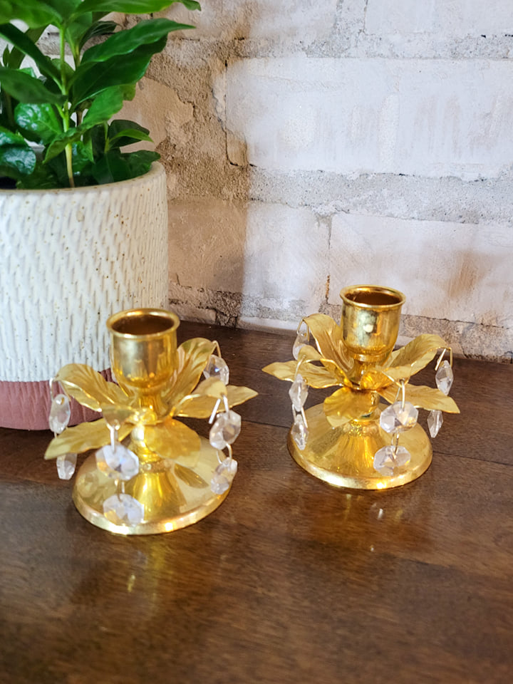 Brass like Floral Candleholders with Crystals (set of 2)