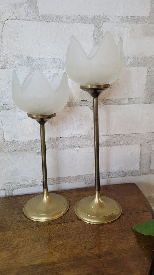 Set of 2 Clear Frosted Tulip Brass Candle Sticks