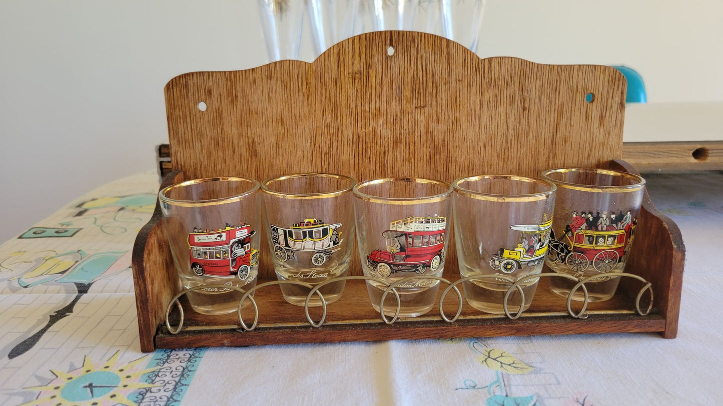 Set of 5 "Early Transportation" Shot Glasses with Wooden Holder