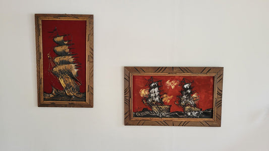 Set of 2 Vintage Velvet Ship Paintings