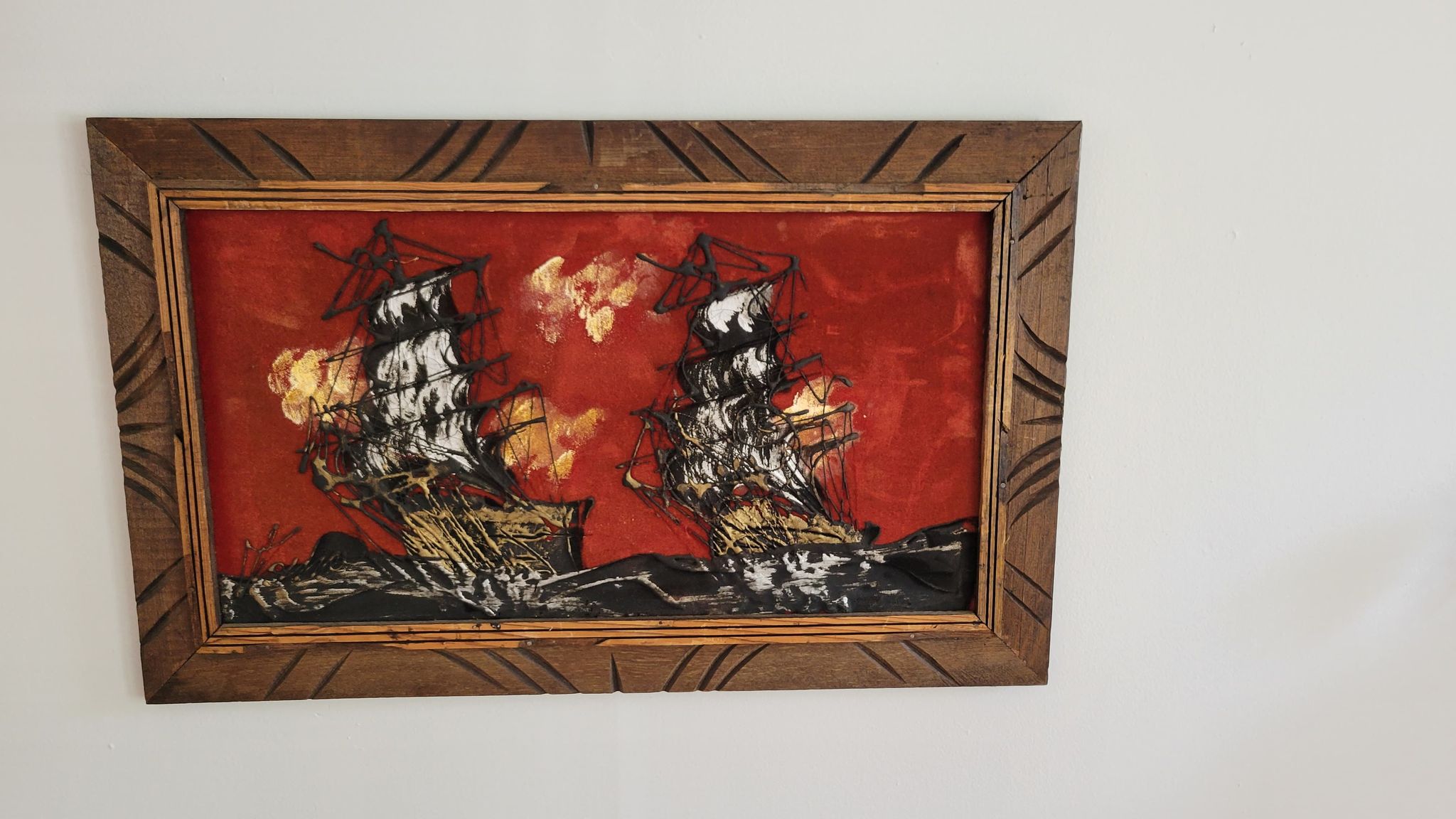 Set of 2 Vintage Velvet Ship Paintings Vintage Spaces Market